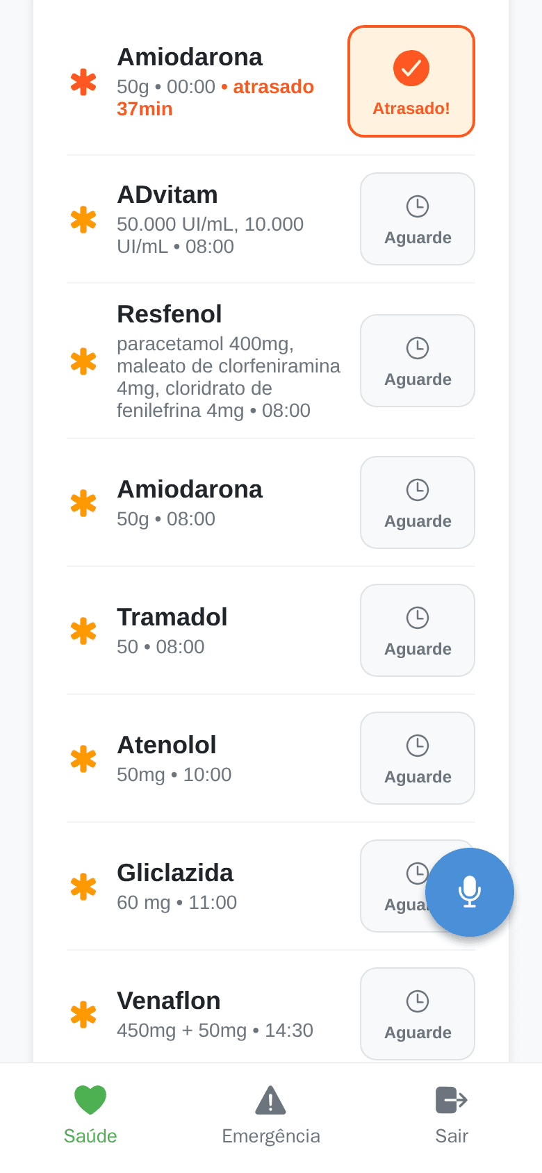 Medicações de hoje no app Cuidadora, com horários e status